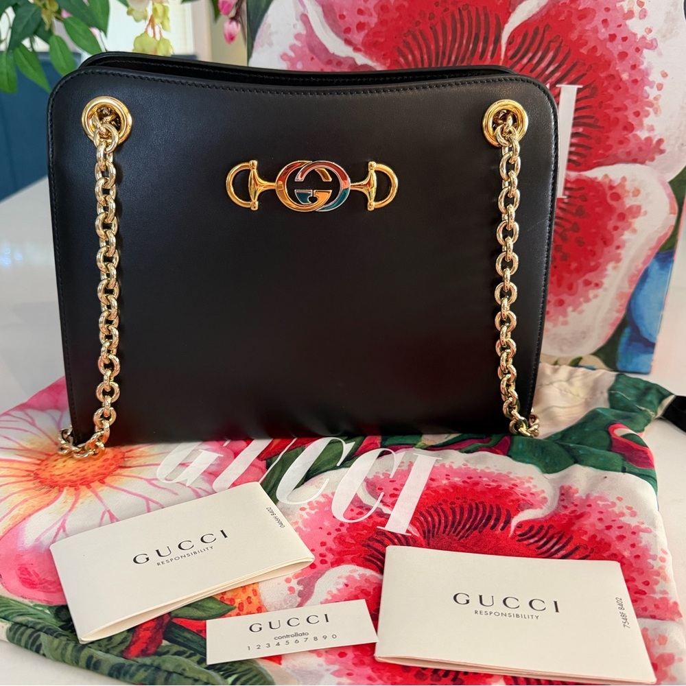 Gucci NWT Zumi Embellished Leather Shoulder Bag In Black ~ Full Inclusion - Picture 3 of 16